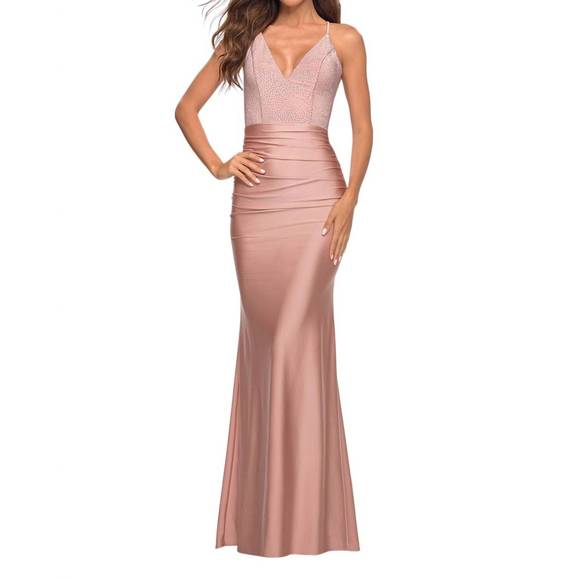 NEW LA FEMME v-neck rhinestone beaded top prom dress in mauve